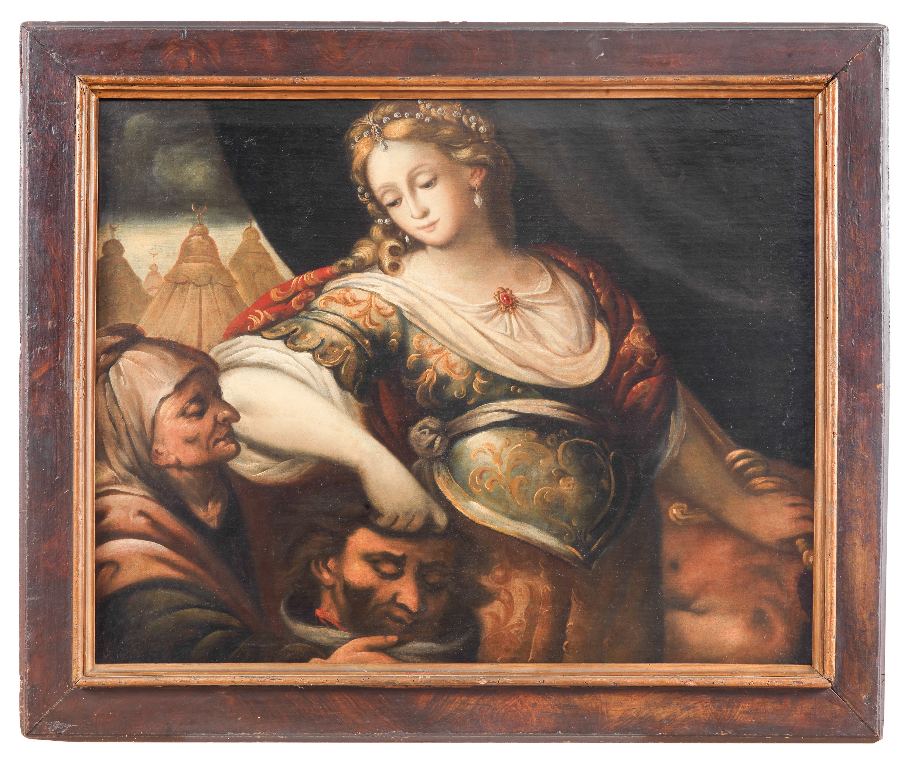 "Giuditta con la testa di Oloferne", dipinto ad olio su tela in antica cornice in legno decorato ...