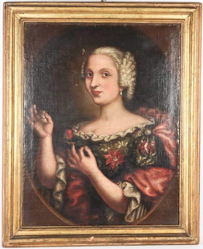 "Ritratto di nobildonna con rosa e orecchino", dipinto ad olio su tela in antica cornice in legno...