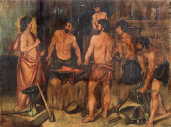 Scuola Spagnola Fine XIX Secolo - "La Fucina di Vulcano", grande dipinto ad olio su tela, copia del famoso dipinto del Maestro Velàzquez. Cornice in legno dorato e traforato