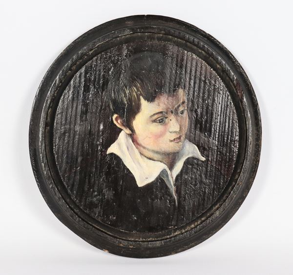 Scuola Lombarda XIX Secolo - &quot;Portrait of a Young Boy&quot;, small round oil painting on panel in an ebonized frame