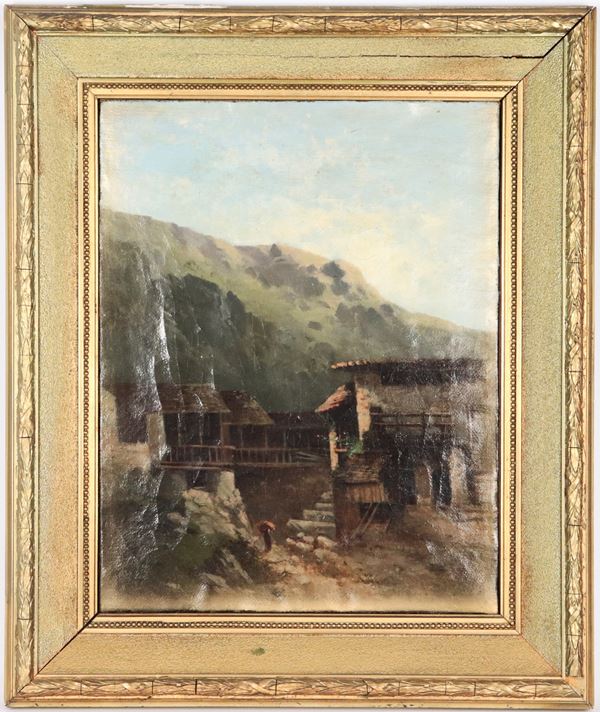 Scuola Italiana Fine XIX Secolo -  &quot;Alpine landscape with mountain pastures and peasant woman&quot;, oil painting on canvas in a gilded and decorated wooden frame