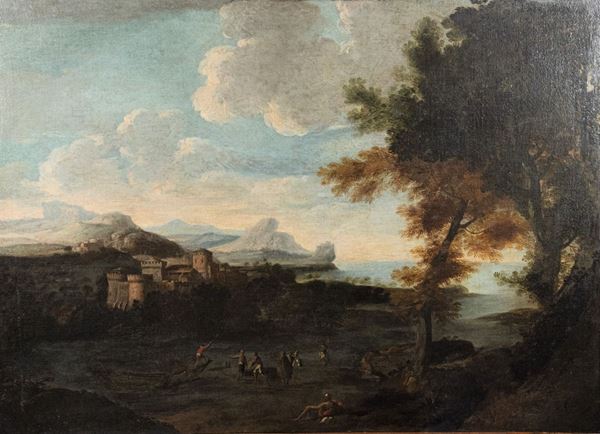 Crescenzio Onofri - &quot;Paesaggio con castello, viandanti e sfondo di marina&quot;. Bottega di.