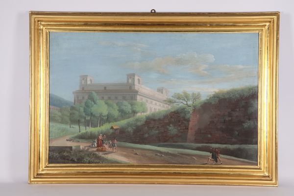 Pittore Romano Fine XVIII - Inizio XIX Secolo - &quot;Landscape with Palazzo Patrizio, ruins and peasants at the newsstand&quot;, bright tempera painting on paper applied to canvas in a gilded wooden frame