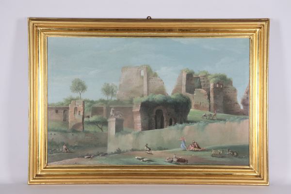 Pittore Romano Fine XVIII - Inizio XIX Secolo - &quot;View of Roman ruins with shepherds and farmers&quot;, bright tempera painting on paper applied to canvas in a gilded wooden frame