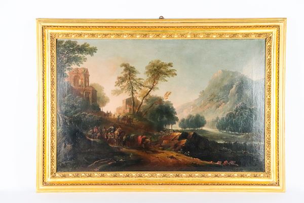 Pittore Fiammingo Fine XVII Secolo - &quot;Landscape with villa and caravan of nobles&quot; oil painting on canvas of excellent pictorial execution, frame in gilded and carved wood