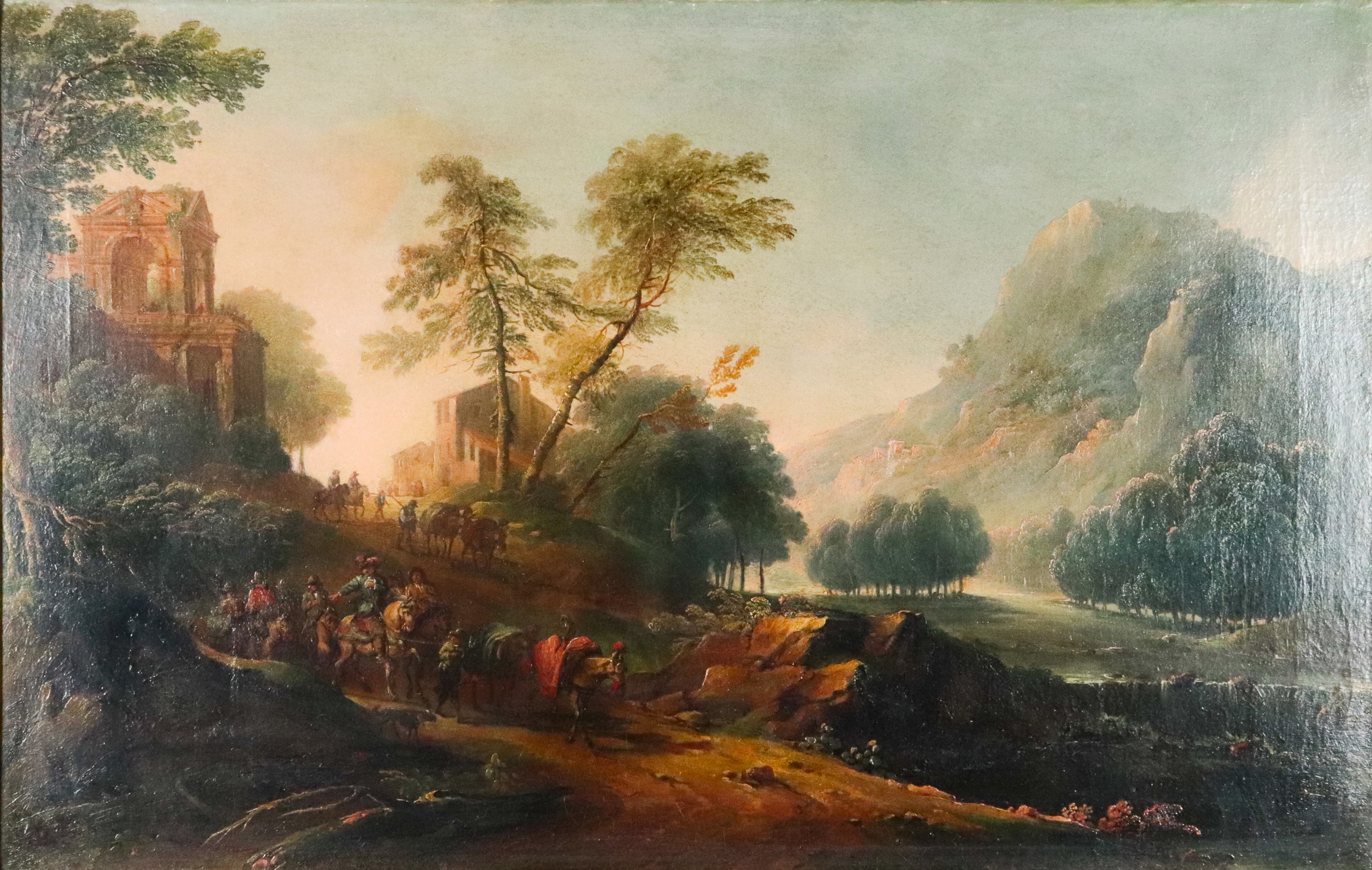 "Paesaggio con villa e carovana di nobili" dipinto ad olio su tela di ottima esecuzione pittorica...