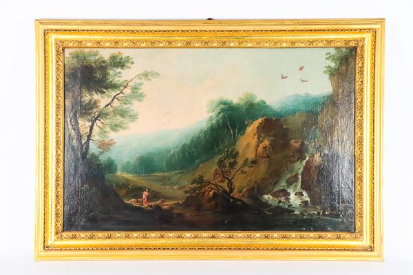 Pittore Fiammingo Fine XVII Secolo - &quot;Landscape with shepherd and waterfall&quot;, oil painting on canvas of excellent pictorial execution in a gilded and carved wooden frame