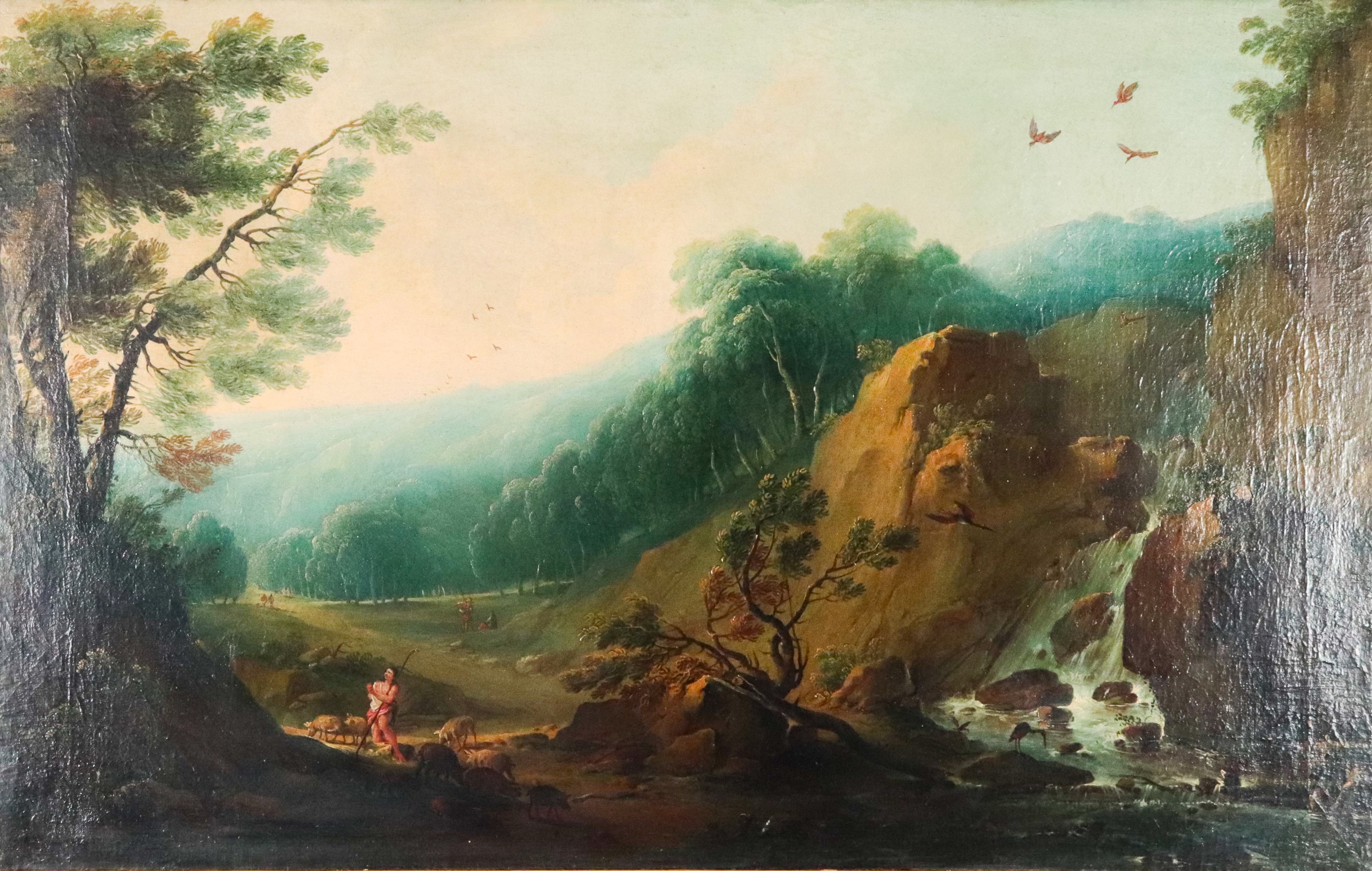 "Paesaggio con pastore e cascatella", dipinto ad olio su tela di ottima esecuzione pittorica in c...