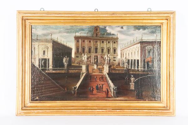 Scuola Italiana Inizio XVIII Secolo - &quot;View of the Capitoline Hill with Characters&quot;, a valuable oil painting on canvas in a gilded wooden frame. The painting has a defect on the canvas 