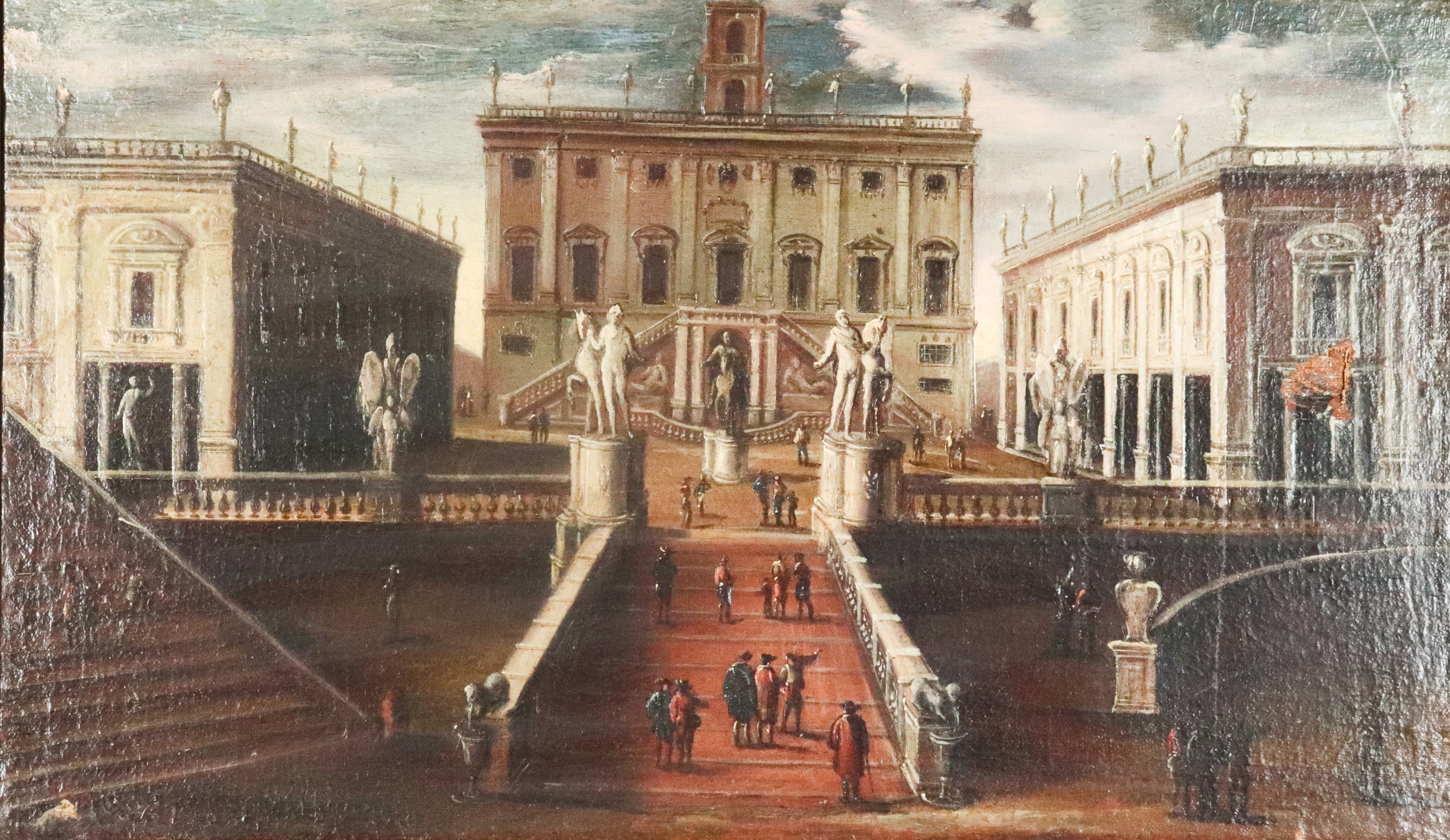 "Veduta del Campidoglio con personaggi", pregevole dipinto ad olio su tela in cornice in legno do...