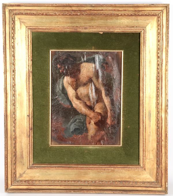 Scuola Italiana Fine XVIII Secolo - "Nudo di uomo con manto", piccolo dipinto ad olio su tela applicata a tavola in cornice dorata e passepartout. Mancanza a un angolo della tela