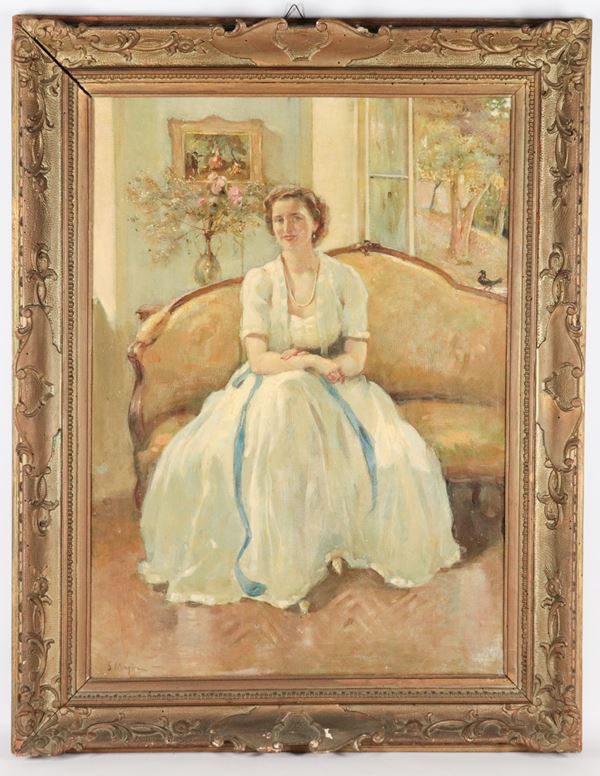 Sigismondo Meyer de Schanensee - Signed. &quot;Portrait of a noblewoman in the living room&quot;, bright oil painting on canvas in a gilded and carved wooden frame