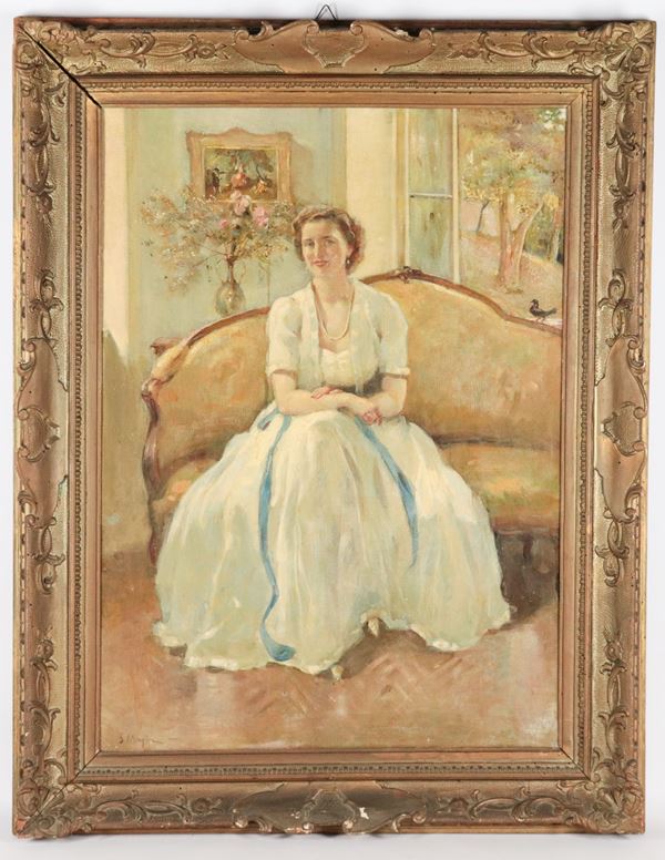 Sigismondo Meyer de Schanensee - Firmato. "Ritratto di nobildonna in salotto", luminoso dipinto ad olio su tela in cornice in legno dorato e intagliato