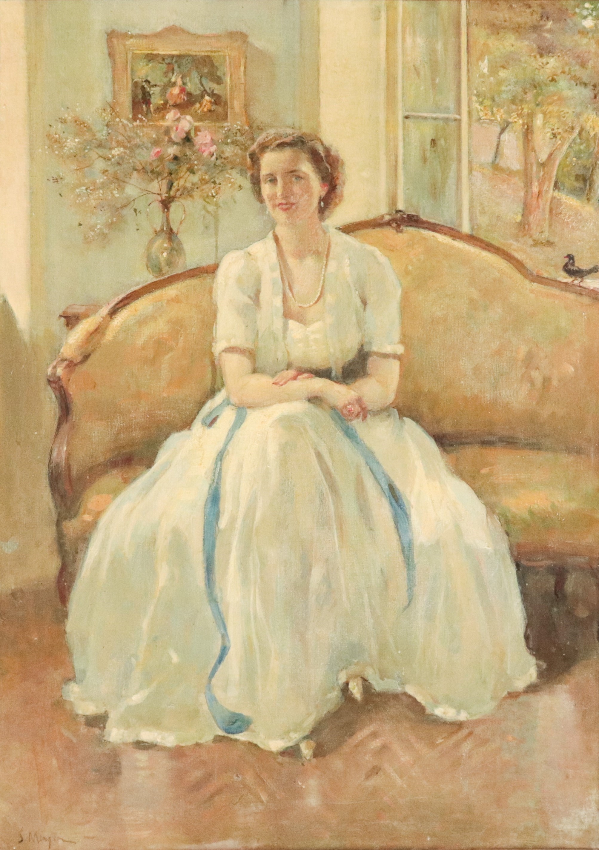 Firmato. "Ritratto di nobildonna in salotto", luminoso dipinto ad olio su tela in cornice in legn...