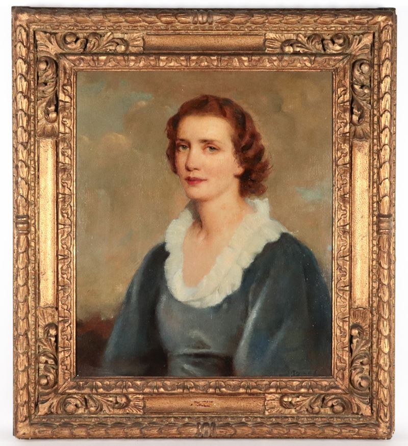 Firmato. "Ritratto di giovane nobildonna", dipinto ad olio su compensato in cornice in legno dora...