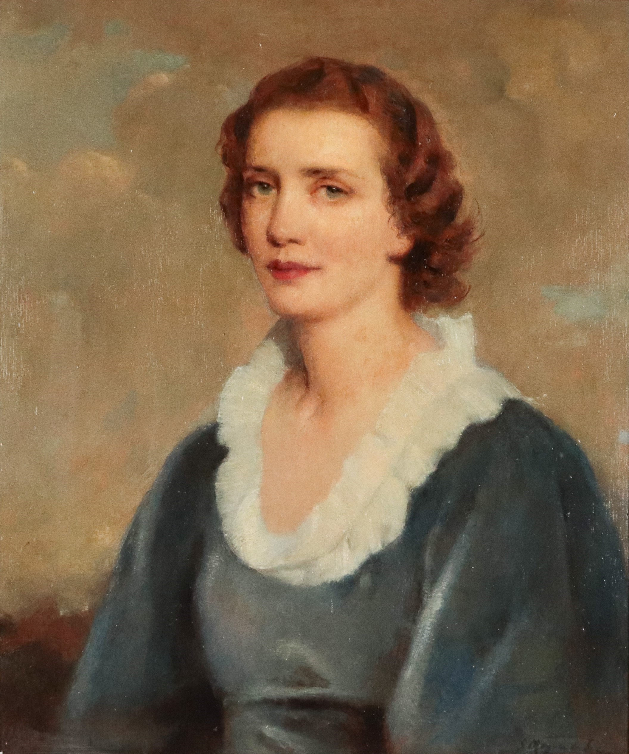 Firmato. "Ritratto di giovane nobildonna", dipinto ad olio su compensato in cornice in legno dora...