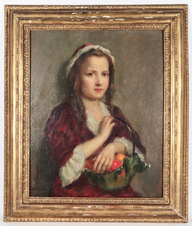 Firmato e datato 1942. "Ritratto di fanciulla con cesto di frutta", dipinto ad olio su compensato...
