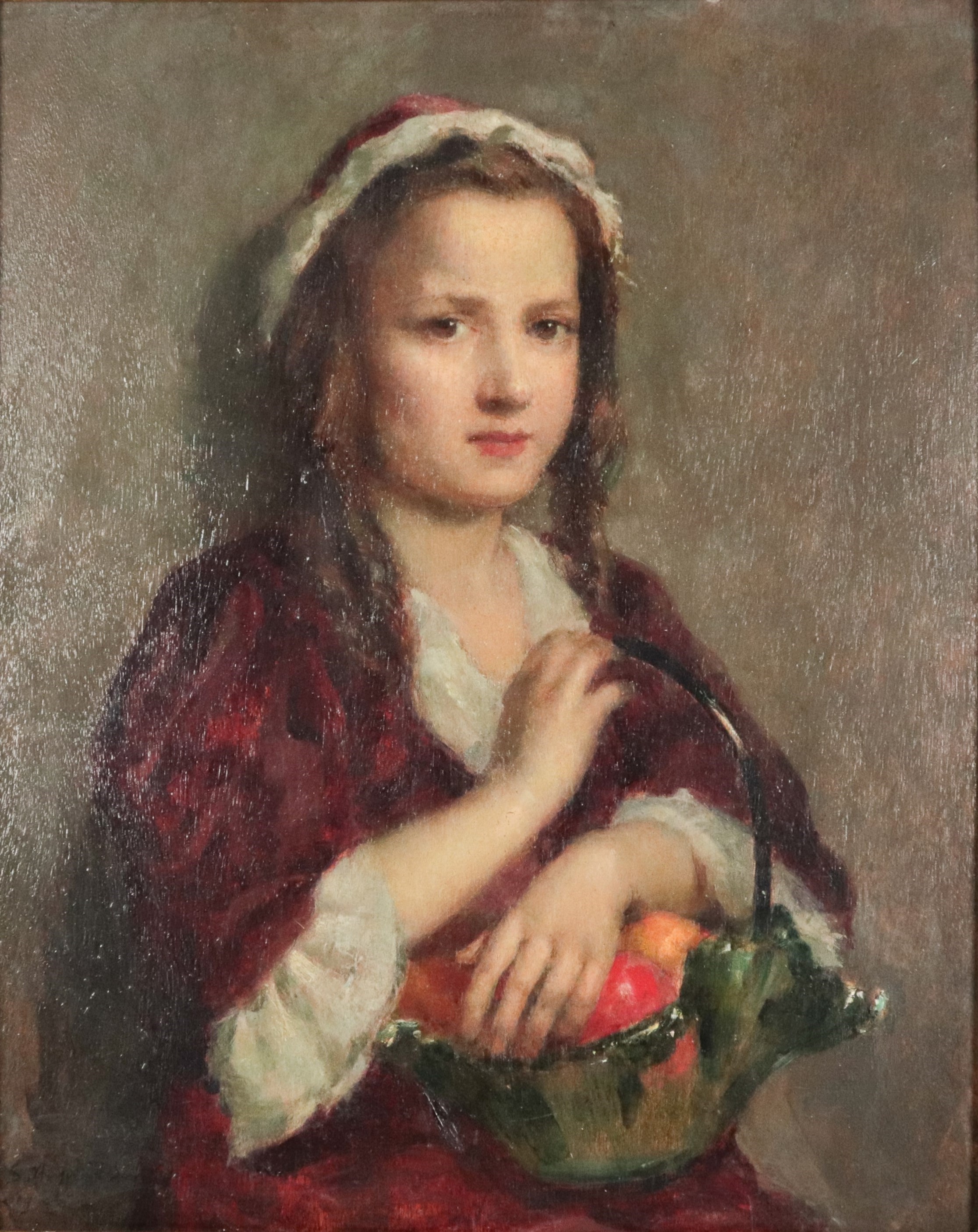 Firmato e datato 1942. "Ritratto di fanciulla con cesto di frutta", dipinto ad olio su compensato...