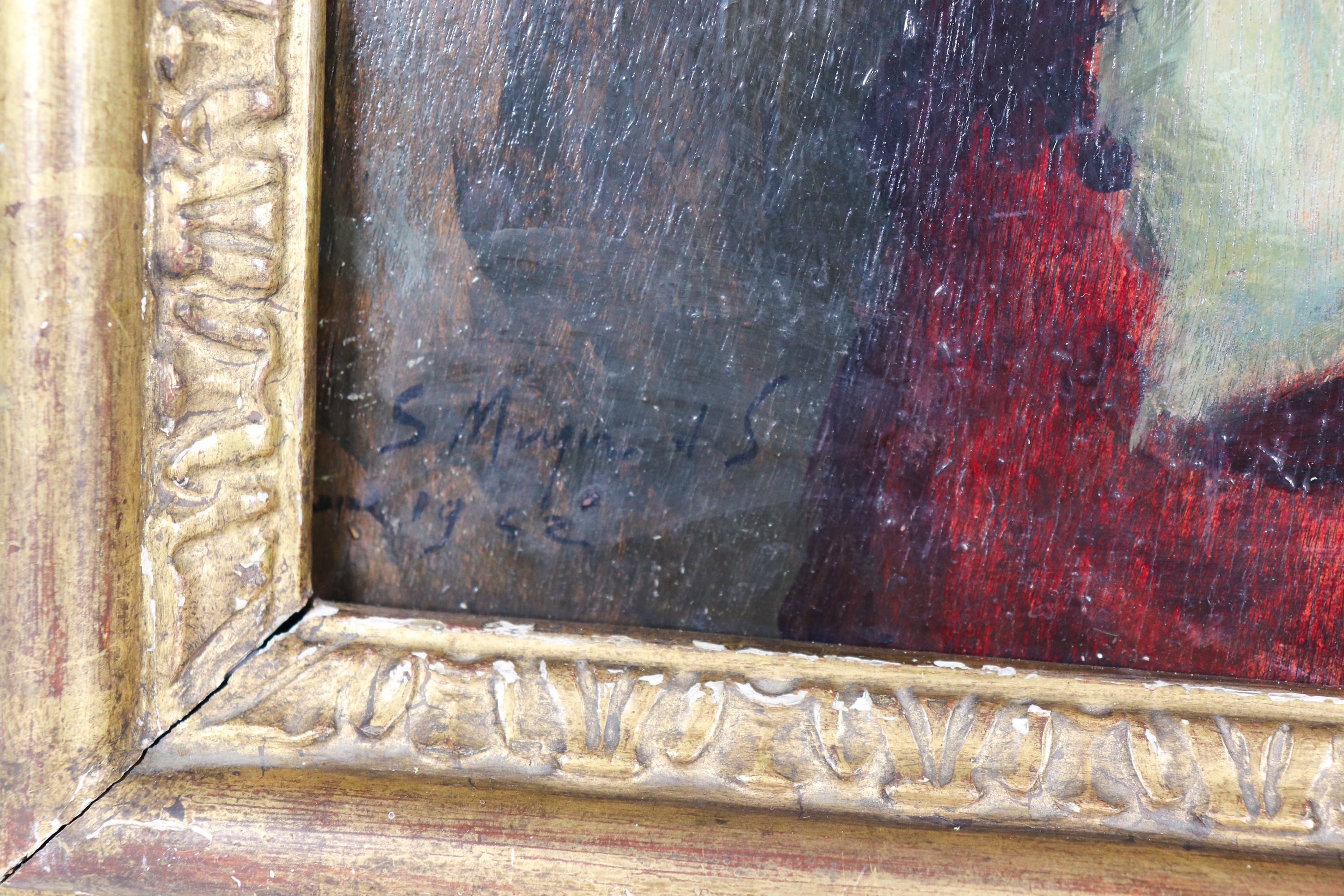 Firmato e datato 1942. "Ritratto di fanciulla con cesto di frutta", dipinto ad olio su compensato...