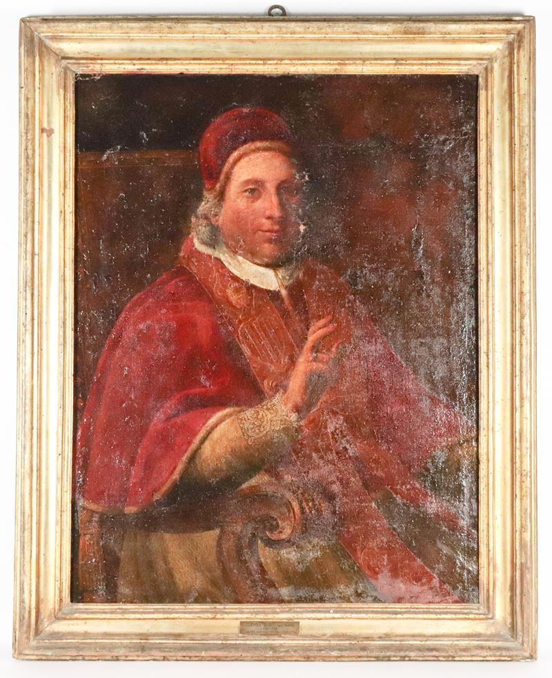 "Ritratto di Papa Clemente XIII", dipinto ad olio su tela in antica cornice in legno dorato. La t...