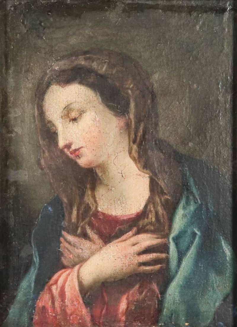 "Madonna", piccolo dipinto ad olio su tela in cornice dorata ed ebanizzata