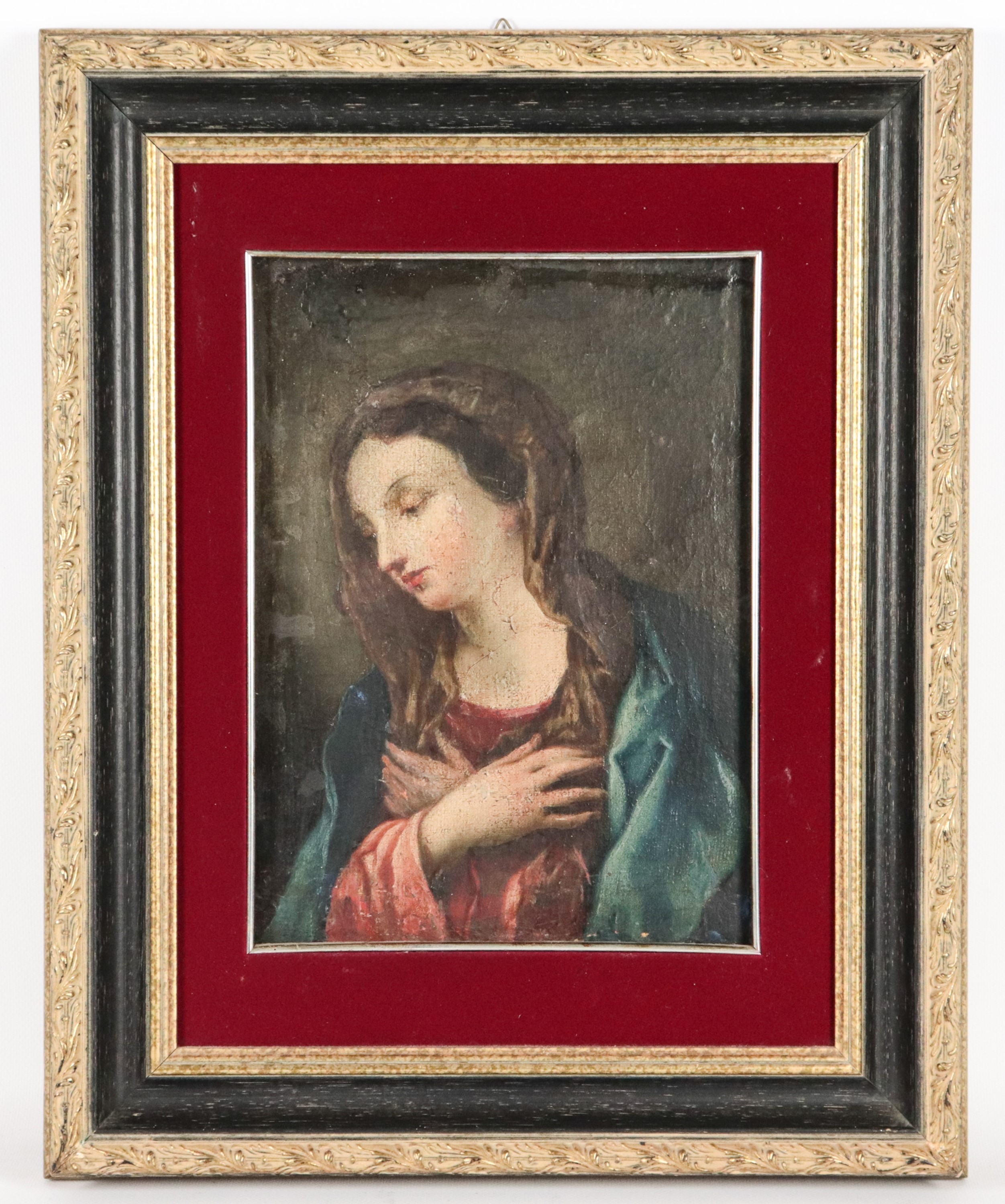 "Madonna", piccolo dipinto ad olio su tela in cornice dorata ed ebanizzata