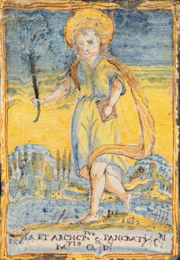"San Pancrazio", antica mattonella policroma in maiolica italiana, entro cornice. Difetti