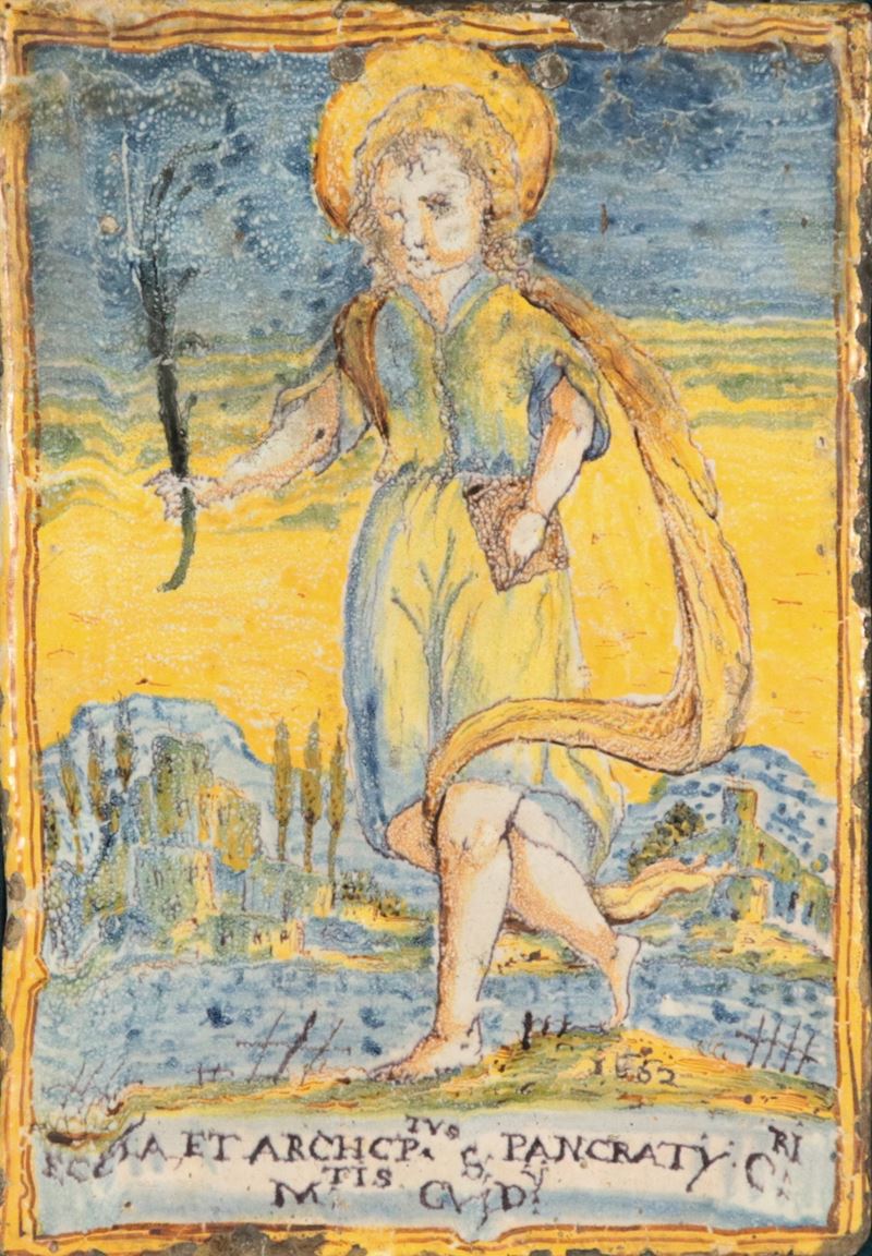 "San Pancrazio", antica mattonella policroma in maiolica italiana, entro cornice. Difetti