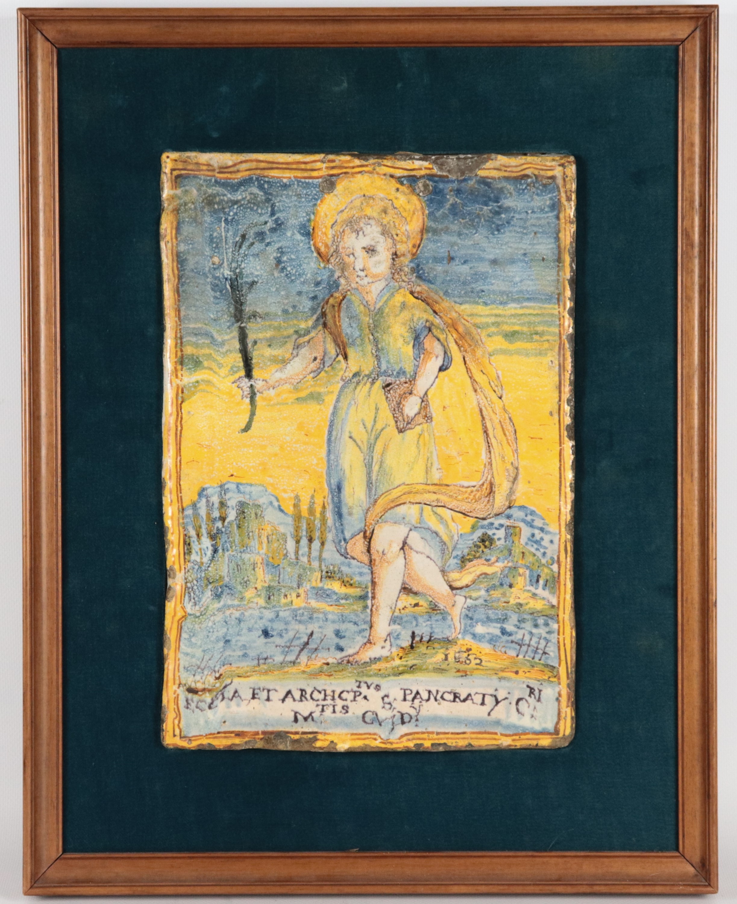 "San Pancrazio", antica mattonella policroma in maiolica italiana, entro cornice. Difetti