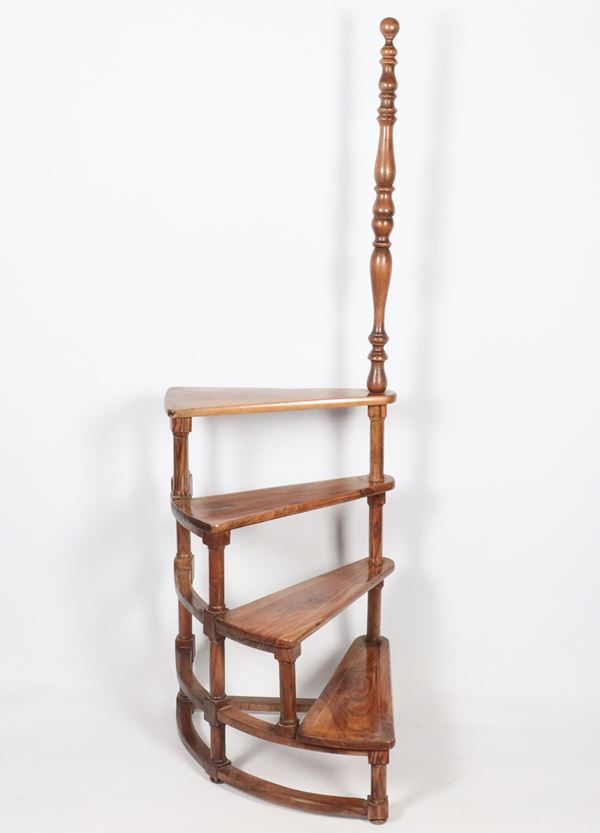 Four-step mahogany feather library ladder with turned balusters