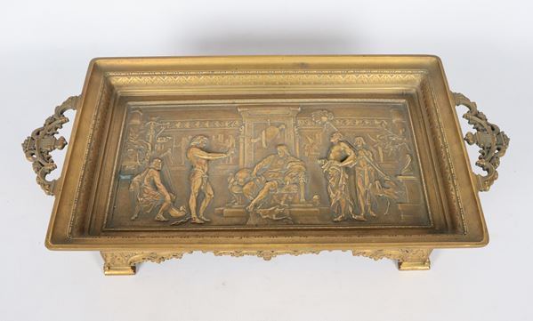 Emile Louis Picault - Signed. &quot;Joseph Interprets the Dreams of Pharaoh&quot;, gilded bronze tray, embossed and chiseled with a high relief base 