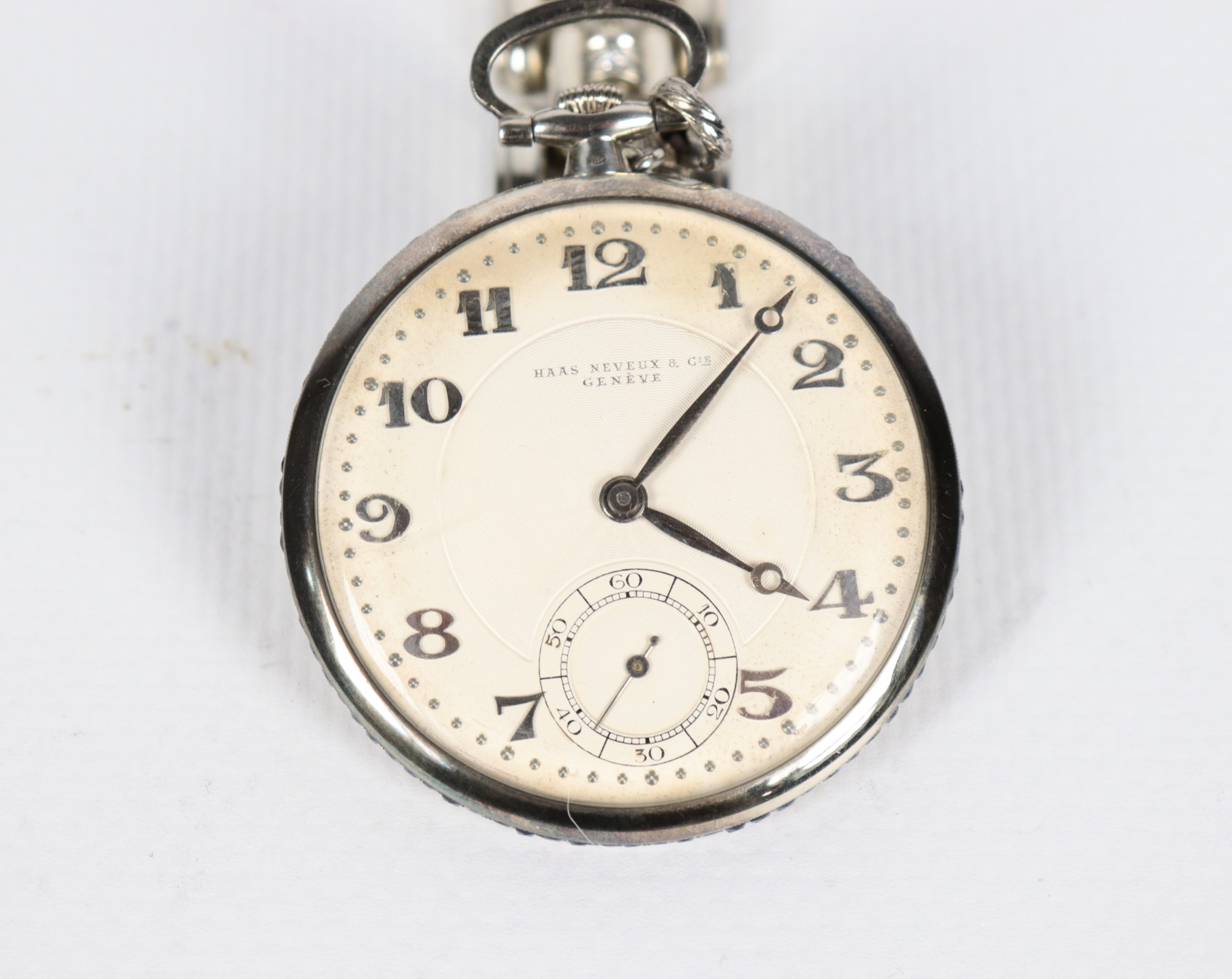 Orologio da tasca Haas Neveux & Gie - Geneve, con catena a maglia in oro bianco 18kt e tre piccol...