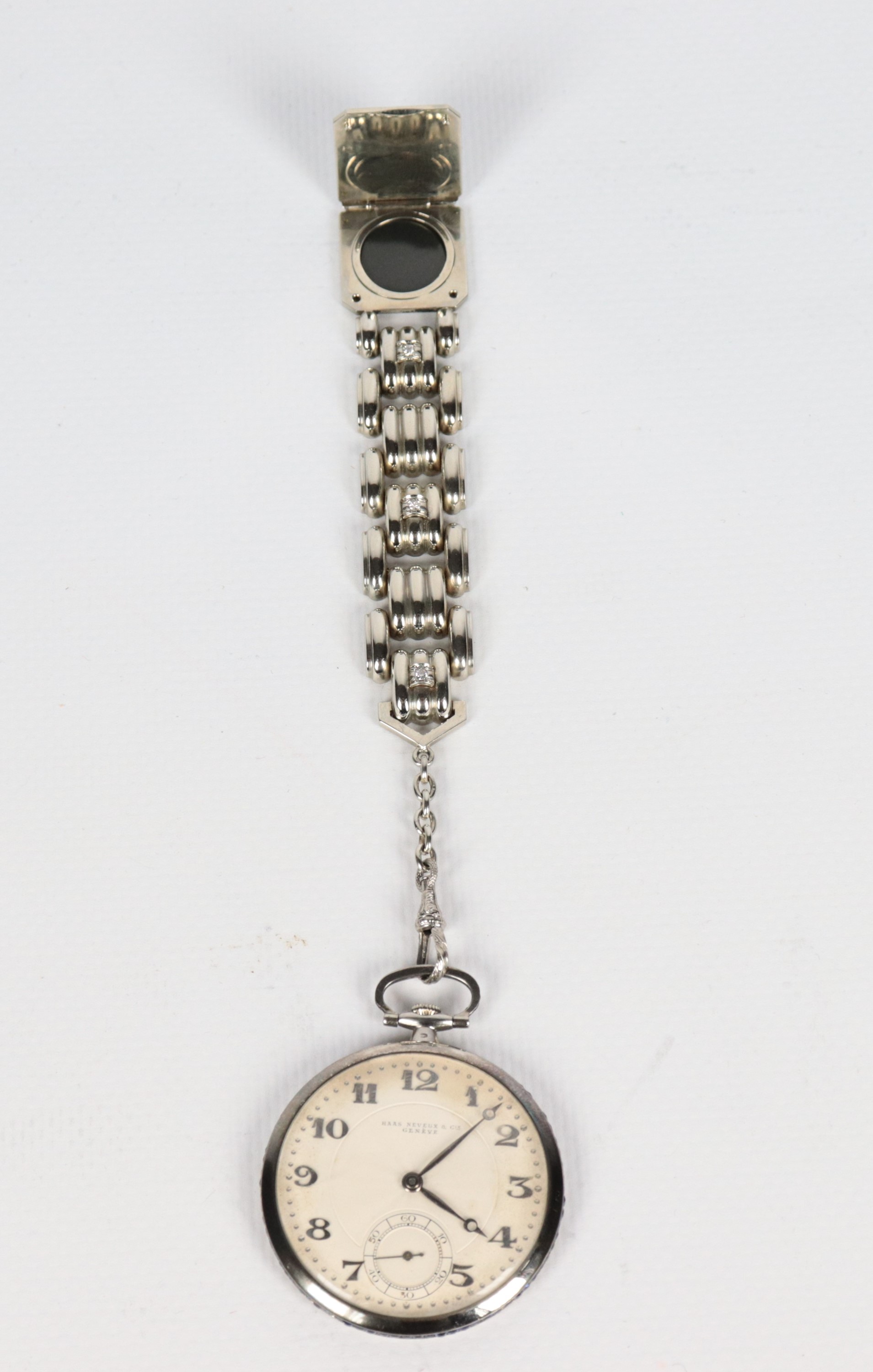 Orologio da tasca Haas Neveux & Gie - Geneve, con catena a maglia in oro bianco 18kt e tre piccol...