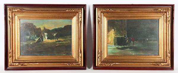 Vittorio Gaiozzi - Signed. &quot;The Gypsies&#39; Rest&quot; and &quot;The Return to the Stable&quot;, a pair of small oil paintings on pressed cardboard in gilded frames