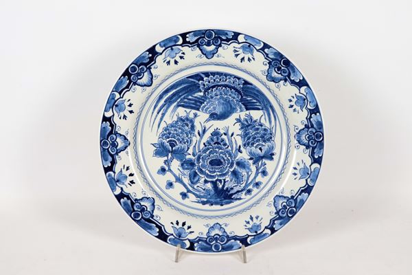 Large Delft porcelain wall plate, with blue floral scroll decoration