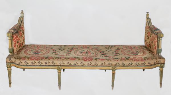 Antique Louis XVI Emilian sofa in ivory and green lacquered wood, embroidered fabric with Louis XVI motifs of rosettes and floral cords