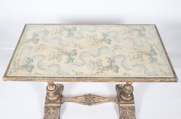 Louis XVI style gilded and carved wooden living room table, top in antique worked fabric