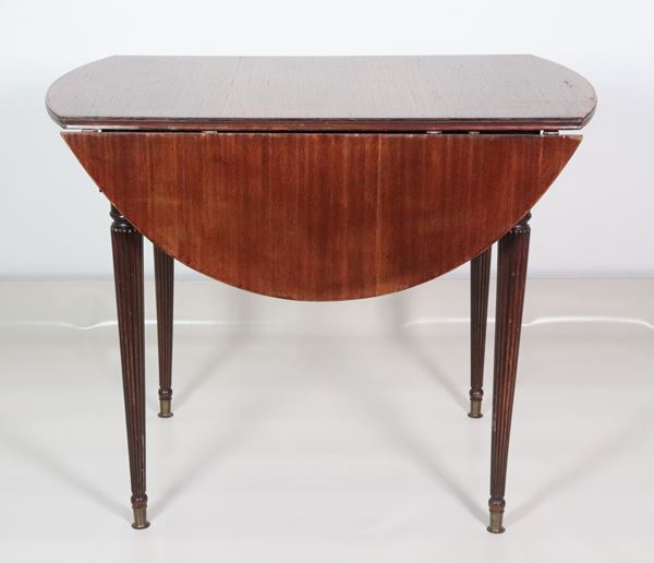 French mahogany hinged table, one side drawer and four ribbed legs 