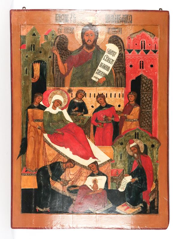 &quot;Nativity of Mary&quot;, large old Russian icon painted on wood, some defects on the wood. Russia, late 18th century