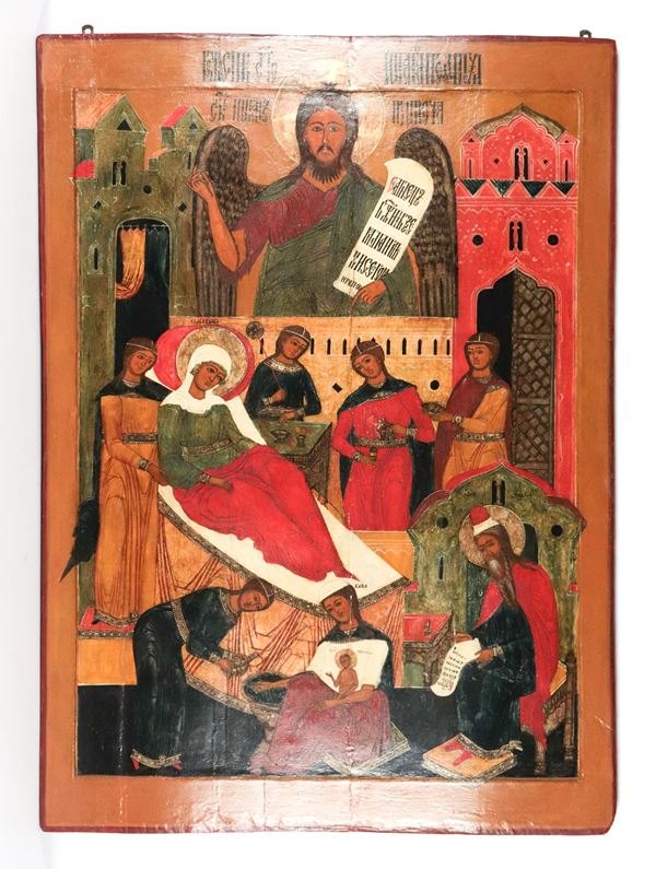 "Natività di Maria", antica grande icona russa dipinta su tavola, qualche difetto alla tavola. Russia Fine XVIII Secolo