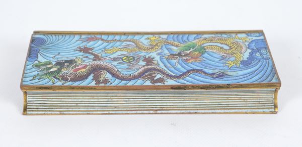 Chinese book-shaped box in bronze and polychrome enamels, with dragon and fish decorations