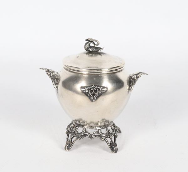 Antique small silver sugar bowl in the shape of an amphora, with chiseled and embossed handles and base, 164 g