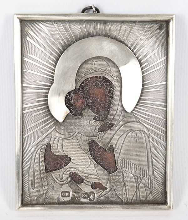 &quot;Madonna with Child&quot;, small ancient Russian icon painted on wood with silver lapel. Stamps Moscow 1884