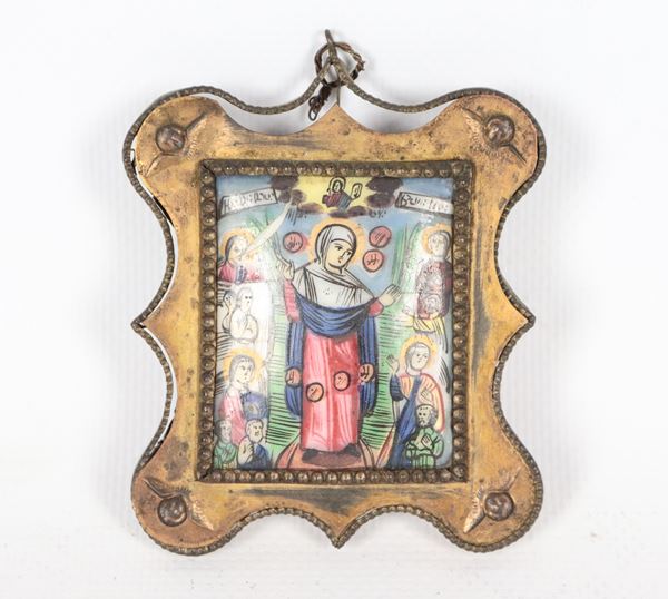 &quot;Madonna with Saints&quot;, antique painted enamel plaque in copper frame