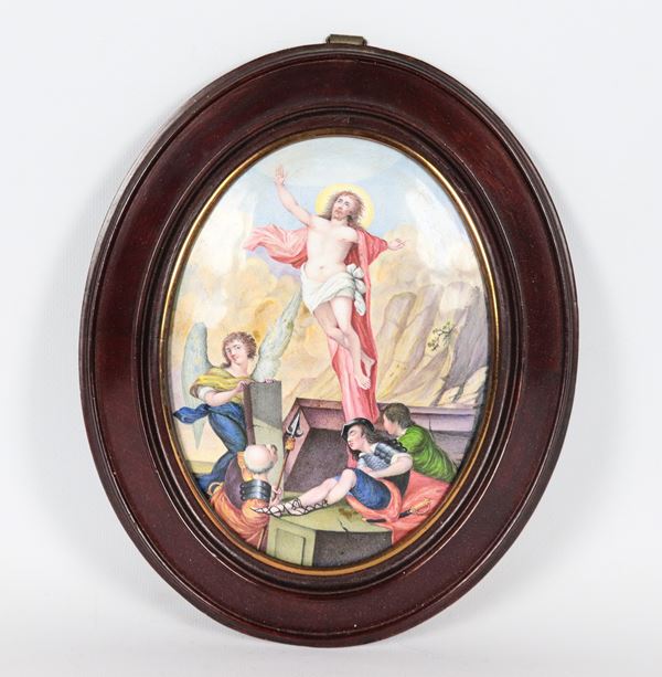 &quot;The Resurrection of Christ&quot;, antique oval enamel plaque, painted and signed on the back A. Stahn, 18th century painter, walnut frame