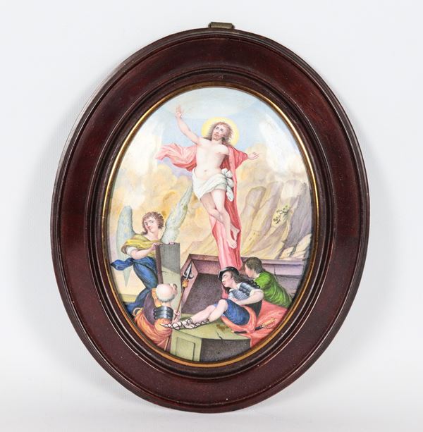 "La Resurrezione di Cristo", antica placca ovale in smalto, dipinta e firmata sul retro A. Stahn pittore del XVIII Secolo, cornice in noce