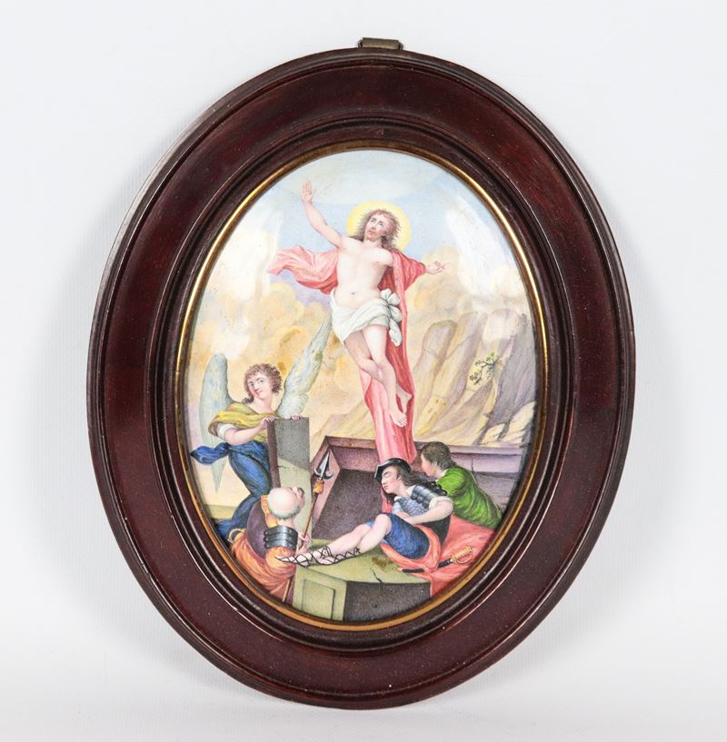 "La Resurrezione di Cristo", antica placca ovale in smalto, dipinta e firmata sul retro A. Stahn ...