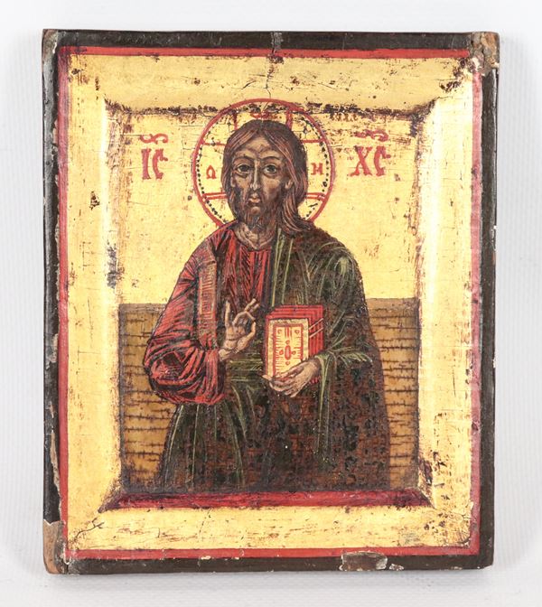 &quot;Christ Pantocrator&quot; ancient small Russian icon painted on wood. XIX Century