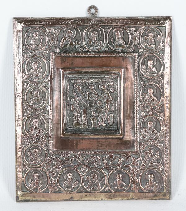 &quot;Saints&quot;, small Russian plaque in silvered metal, embossed and chiseled. Early 19th century