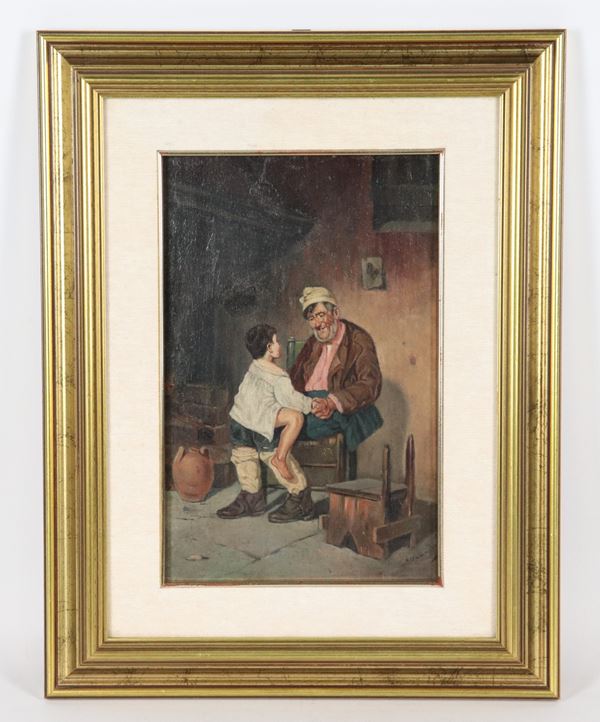 Pittore Italiano XIX Secolo - Signed. &quot;Grandfather with grandson&quot;, small oil painting on canvas in a golden frame and passepartout 